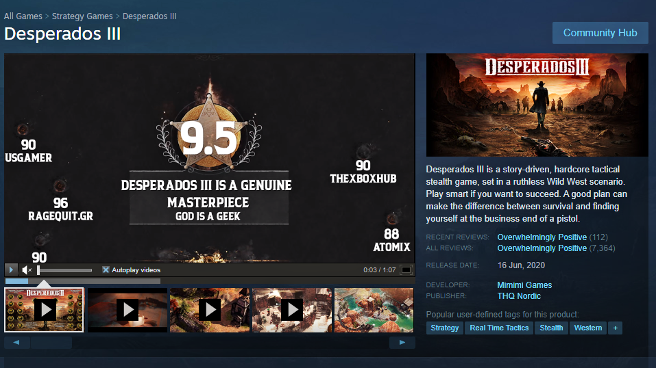 A screenshot of the Steam store page of desperados 3 showing the genre tags.