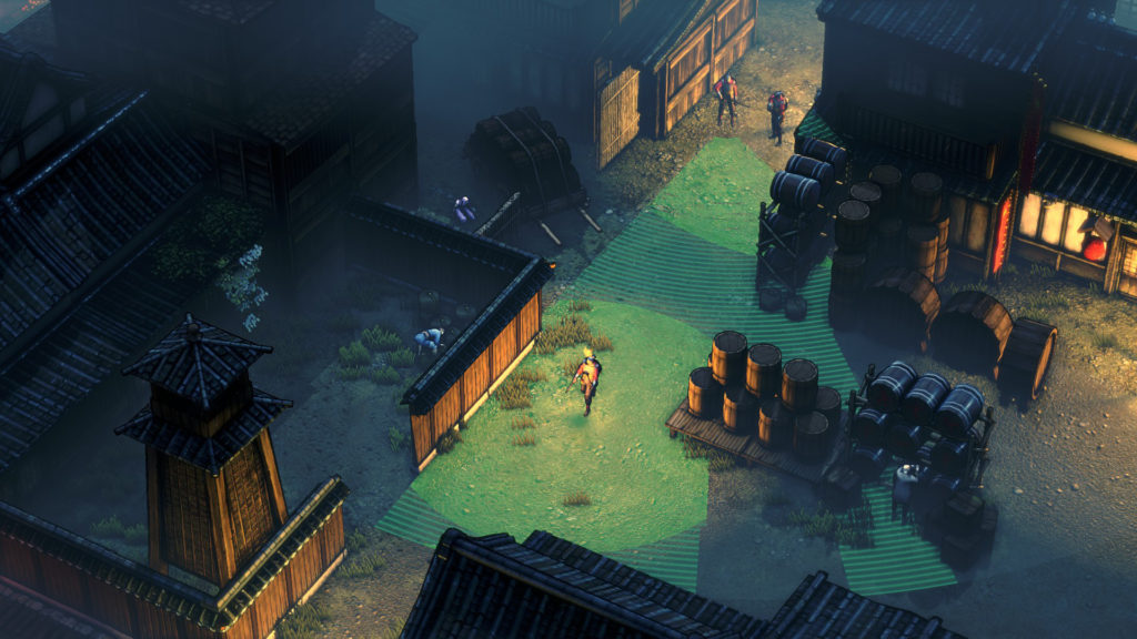A screenshot from Shadow Tactics, showing guards, their view cone and Aiko and Hayato hiding in the shadows.