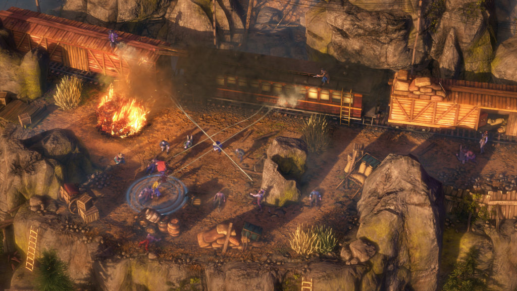 A screenshot from Desperados II showing Doc and Cooper shooting enemies from the top of a train wagon.