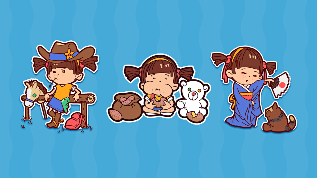 Three versions of Mimi (Cowgirl, eating a sweet potato, Geisha) in front of a blue background.